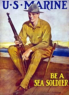 World War Propaganda Poster Art Collection: Vintage World War One poster of a U. S. Marine sitting near the harbor