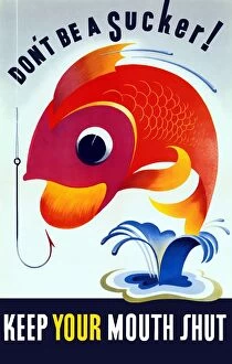 World War Propaganda Poster Art Collection: Vintage WW2 poster of a colorful fish jumping from a pond