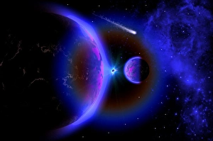 Outer Space Images Prints: A wandering comet passing a pair of binary planets