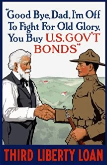 World War Propaganda Poster Art Collection: World War I poster of a young soldier holding a rifle while shaking his fathers hand