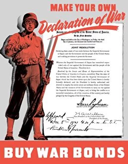 World War Propaganda Poster Art Collection: World War II poster of a soldier holding his rifle and Declaration of War on Japan