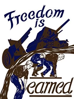 World War Propaganda Poster Art Collection: World War II poster of a tank and artillery gun on the backs of workers