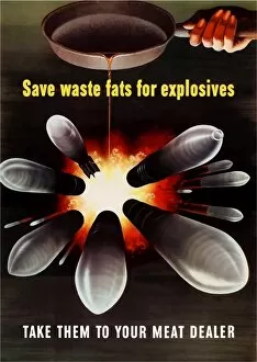 World War Propaganda Poster Art Collection: World War Two poster of grease from a cooking pan turning bombs