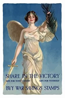 World War Propaganda Poster Art Collection: World War One poster of Lady Liberty holding a sword and an olive branch
