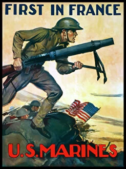 20th Century Style Collection: World War One poster of Marines charging into battle behind the American flag