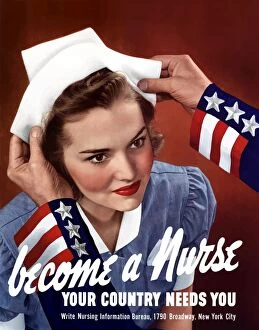 World War Propaganda Poster Art Collection: World War Two poster of Uncle Sam placing a hat on a smiling nurse