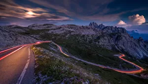 Images Dated 8th October 2018: Light tracks on a pass road in the Dolomites