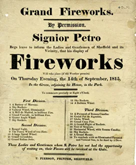 advertisement for a display of Grand Fireworks by Signior Petro in the Green ajoining his house in the Park, 1815 advertisement for a display of Grand Fireworks by Signior Petro in the Green ajoining his house in the Park, 1815