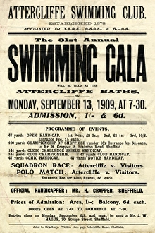 Advertisement poster for Attercliffe Swimming Club 31st Annual Swimming Gala at Attercliffe Baths, 1909 Advertisement poster for Attercliffe Swimming Club 31st Annual Swimming Gala at Attercliffe Baths, 1909