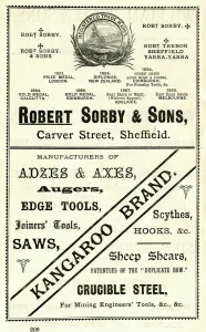 Advertisement for Robert Sorby and Sons, edge tool manufacturers, Carver Street, 1889 Advertisement for Robert Sorby and Sons, edge tool manufacturers, Carver Street, 1889