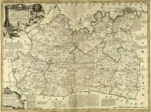 Prints of From The Large English Atlas: or, a new set of map of all the counties of England and Wales drawn from the several surveys which have been hitherto been published Surrey Prints: County Map of Surrey Print, c. 1777