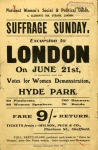 National Womens Social and Political Union - Suffrage Sunday excursion to London. Tickets from Wilson, Peck and Co National Womens Social and Political Union - Suffrage Sunday excursion to London. Tickets from Wilson, Peck and Co