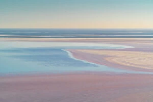 Prints for your Bathroom Collection: Aerial view of blue and pink water of Lake Eyre Water, the result of high levels of desert