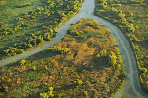 Aerial view over the Danube delta rewilding area, showing various waterways, Romania Aerial view over the Danube delta rewilding area, showing various waterways, Romania