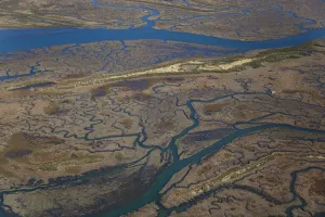 Aerial view of saltmarshes and Brancaster and Scolt Head Island, Norfolk, UK, September Aerial view of saltmarshes and Brancaster and Scolt Head Island, Norfolk, UK, September