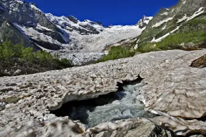 Alibek glacier in Alibek valley near Dombay, Teberdinsky Biosphere reserve, Caucasus Alibek glacier in Alibek valley near Dombay, Teberdinsky Biosphere reserve, Caucasus