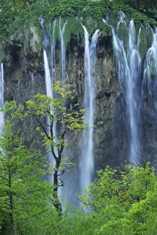 A cascade of waterfalls falling over a cliff in woodlands. Plitvice National Park A cascade of waterfalls falling over a cliff in woodlands. Plitvice National Park