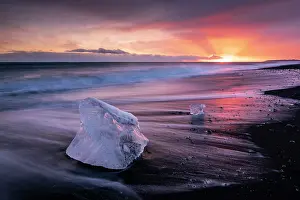Iceland Black Sand Beach Prints: Chunks of ice on Diamond Beach at sunset