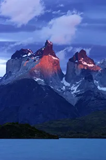 Cuernos del Paine at dawn seen from Pehoe lake, Torres del Paine National Park, Patagonia Cuernos del Paine at dawn seen from Pehoe lake, Torres del Paine National Park, Patagonia