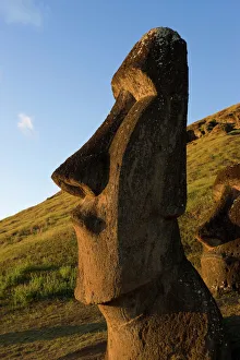 Giant monolithic stone Maoi statues at Rano Raraku, Easter Island, Rapa Nui, Chile Giant monolithic stone Maoi statues at Rano Raraku, Easter Island, Rapa Nui, Chile