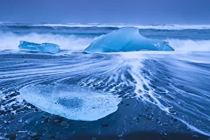 Ice washed up on Jokulsarlon, glacial lagoon, Skaftafell National Park, Iceland, February Ice washed up on Jokulsarlon, glacial lagoon, Skaftafell National Park, Iceland, February