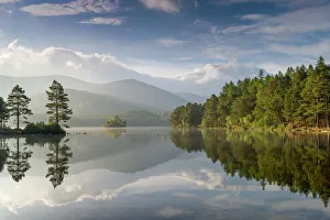 Loch an Eilein with wooded edges in morning sun, Cairngorms National Park, Scotland Loch an Eilein with wooded edges in morning sun, Cairngorms National Park, Scotland