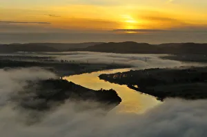 A misty morning view looking down the River Tay in autumn, Kinnoull Hill Woodland Park A misty morning view looking down the River Tay in autumn, Kinnoull Hill Woodland Park
