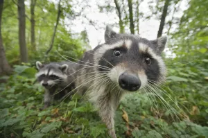 Raccoon (Procyon lotor) approaching camera, Stanley park, Vancouver, British Columbia Raccoon (Procyon lotor) approaching camera, Stanley park, Vancouver, British Columbia