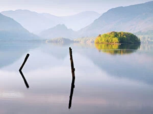 Prints for your Bathroom Collection: Reflections in Derwent Water in morning light. Keswick, The Lake District, Cumbria, England, UK