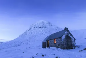 Requests Prints: Devils Point and Corrour Bothy in Snow Print, Cairngorms National Park