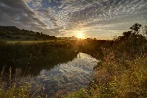 Images Dated 16th August 2014: River Brue, at sunrise with Glastonbury Tor in background, Somerset, UK, August
