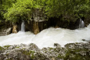 River Soca after heavy rain flowing through Velika korita, Triglav National Park River Soca after heavy rain flowing through Velika korita, Triglav National Park