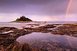 Prints for your Bathroom Collection: St Michael's Mount at sunrise with a rainbow over Penzance, viewed from Marazion, West Cornwall