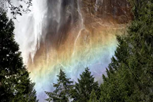Sunlight creating a rainbow in the spray of the Bridalveil Falls, Yosemite National Park Sunlight creating a rainbow in the spray of the Bridalveil Falls, Yosemite National Park