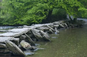 Tarr Steps, medieval clapper bridge crossing the River Barle, Exmoor National Park, Somerset, UK Tarr Steps, medieval clapper bridge crossing the River Barle, Exmoor National Park, Somerset, UK