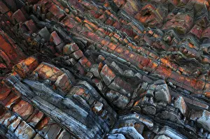 Cornwall Rock Formations Prints: Tilted sandstone, mudstone and siltstone rock strata contorted by tectonic plate movement during Hercynian orogeny