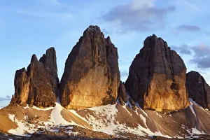 Tre Cime di Lavaredo Mountain at sunset, Sexten Dolomites, South Tyrol, Italy, Europe Tre Cime di Lavaredo Mountain at sunset, Sexten Dolomites, South Tyrol, Italy, Europe