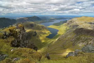 View from A Mhaighdean overlooking Fionn Loch. Highlands, Highlands of Scotland View from A Mhaighdean overlooking Fionn Loch. Highlands, Highlands of Scotland