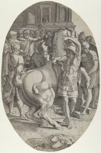 Black And White Animal Portraits Prints: Alexander Mastering Bucephalus, ca. 1540-45. Creator: Leon Davent