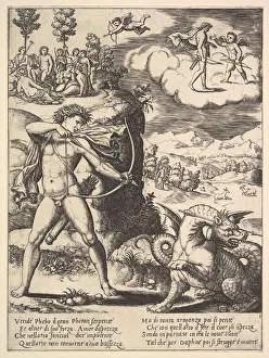 Black And White Italian Art Prints: Apollo standing at left shooting a python with an arrow, above to the left are the muse