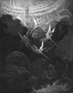 The Archangel Michael and his angels fighting the dragon, 1865-1866. Artist: Gustave Dore The Archangel Michael and his angels fighting the dragon, 1865-1866. Artist: Gustave Dore