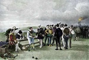 The Armada in sight, Plymouth hoe, 1880, (1911). Artist: John Seymour Lucas The Armada in sight, Plymouth hoe, 1880, (1911). Artist: John Seymour Lucas