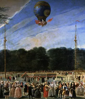 Ascent of a Montgolfier Balloon in Madrid 5 - Jul. 1784, flight by Boucle, oil on canvas Ascent of a Montgolfier Balloon in Madrid 5 - Jul. 1784, flight by Boucle, oil on canvas
