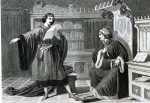 Viana Collection: Ausias March (1397-1459), engraving of 1864, reading his poems to the Prince of Viana