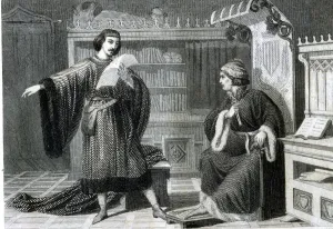 Ausias March (1397-1459), engraving of 1864, reading his poems to the Prince of Viana Ausias March (1397-1459), engraving of 1864, reading his poems to the Prince of Viana