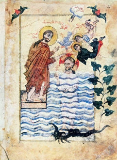 Images Dated 5th October 2005: Baptism of Jesus by St John the Baptist, 1305. Artist: Simeon Artchichetski