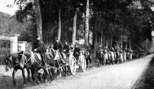 Belgian artillery avoiding German Taube planes, First World War, 1914 Belgian artillery avoiding German Taube planes, First World War, 1914