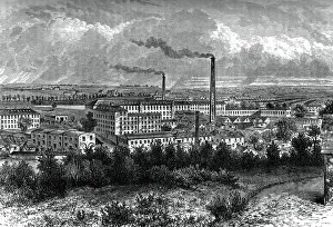 Prints of Bessbrook Mills and village, County Armagh, Ireland, c1880. The model village of Bessbrook was founded in 1845. It surrounded a large linen mill owned by the Richardsons, a Quaker family Armagh Prints: Bessbrook Mills and village Print, c1880