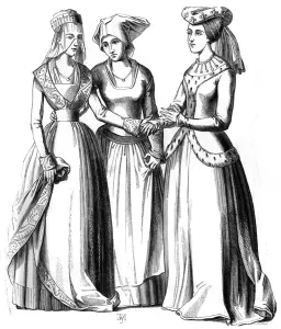 A bourgeoise, a peasant and a noble women, 14th century (1849).Artist: A Bisson A bourgeoise, a peasant and a noble women, 14th century (1849).Artist: A Bisson