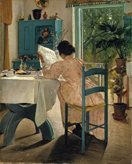 Prints of Breakfast with the Morning Newspaper, 1898. Found in the collection of the Nationalmuseum, Stockholm Denmark Prints: Print of a Danish family reading the newspaper at breakfast